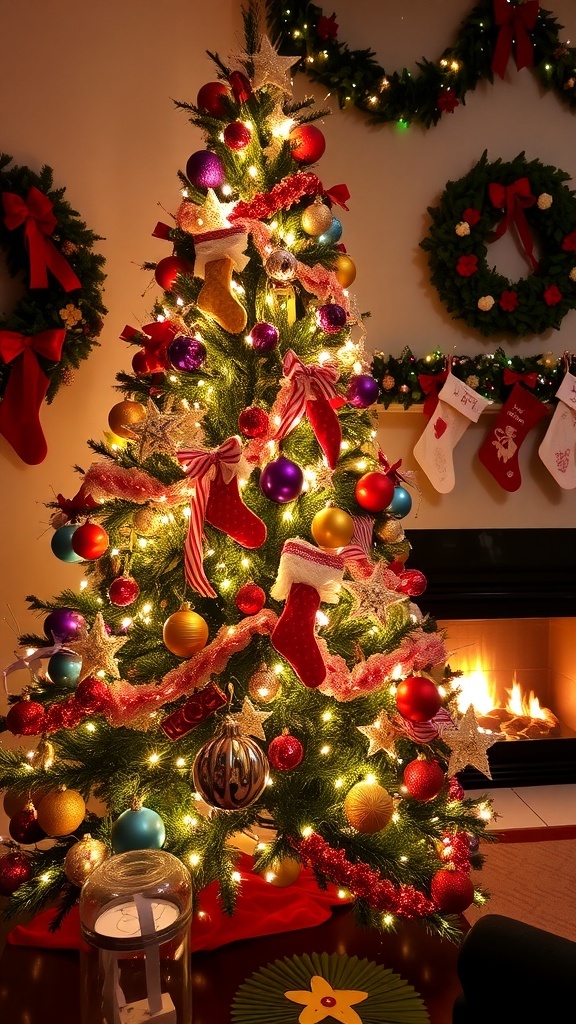 A festive Christmas tree with colorful ornaments and lights, surrounded by holiday decorations.